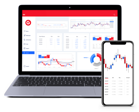 An open laptop with charts and a mobile screen referring to MT4 multiterminal platform