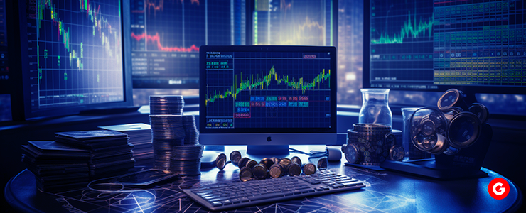 Monitors displaying forex CFD data with coins, symbolizing the strategic nature of online trading.