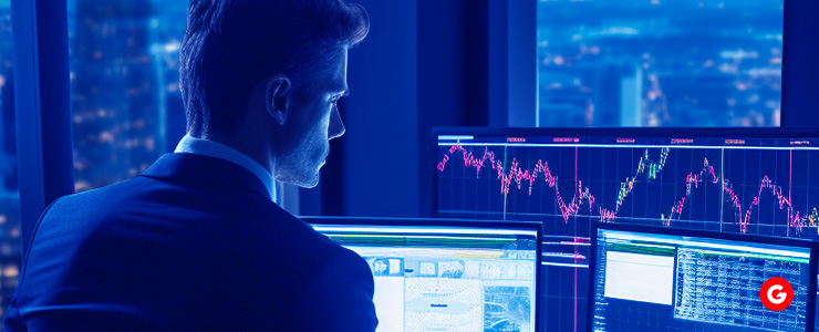 A trader intently monitoring multiple screens with live forex data, embodying the spirit of forex trading.