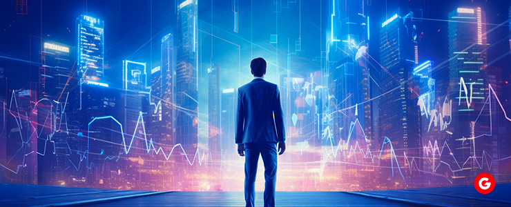 A trader studying charts with a cityscape behind, representing High-Frequency Trading (HTF) in an urban financial hub.