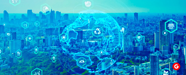 Earth Symbol with City Silhouette, Reflecting the Global Consequences of Environmental Challenges.