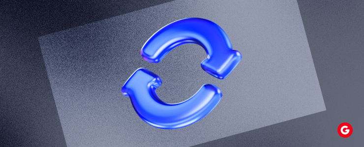 A blue and silver circular symbol set against a gray background.