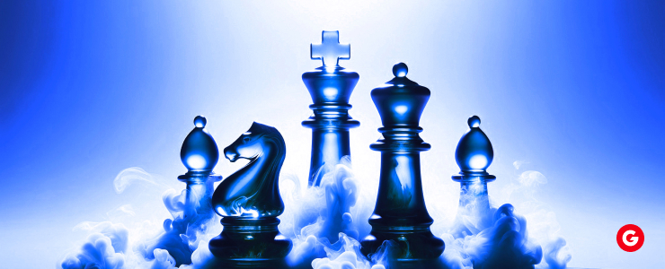 Chess pieces arranged on a blue background, partially obscured by swirling smoke, creating a dramatic atmosphere.