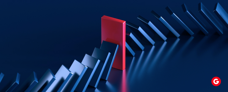 Red and blue dominoes arranged on a blue background, showcasing vibrant colors and playful design.