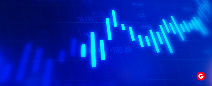 A blue background featuring a stock chart with upward and downward trends represented by lines and bars.
