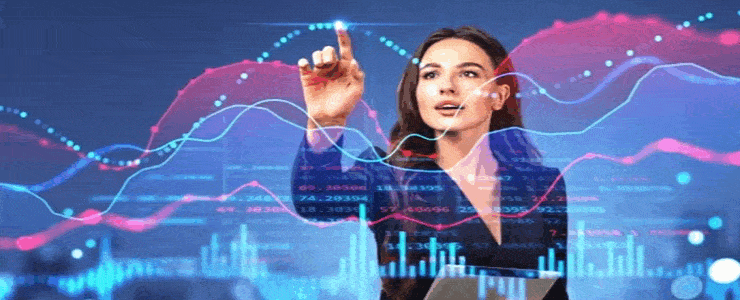 A woman points at a chart displayed against a digital background, illustrating data analysis or presentation.
