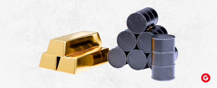 A trio of price charts for gold and oil, visually representing their recent changes in value.