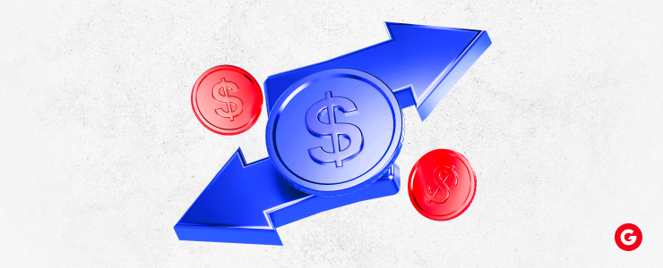 A red and blue arrow featuring a dollar sign, symbolizing financial growth or investment.