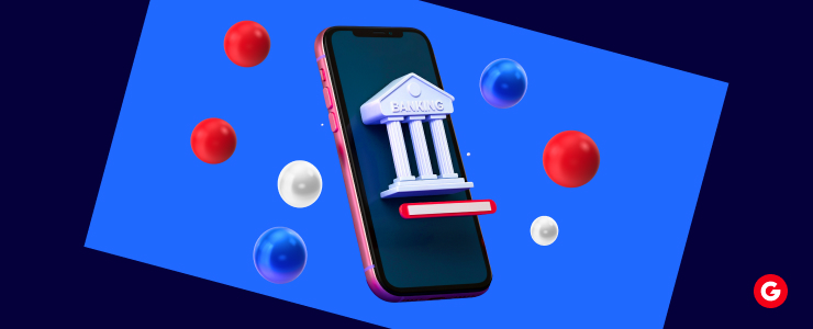 A smartphone displays a building, surrounded by red and blue balls, symbolizing a vibrant urban environment.