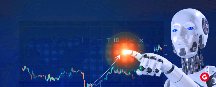 A robot points at an upward arrow on a chart, symbolizing growth and progress in data analysis.