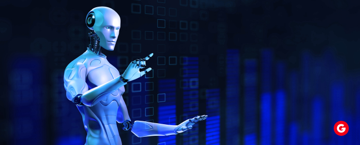 A robot stands against a solid blue background, showcasing its metallic features and futuristic design.