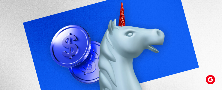 A unicorn stands beside a large dollar sign, symbolizing wealth and fantasy.