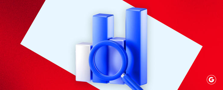 A red and blue background featuring a prominent magnifying glass in the center.
