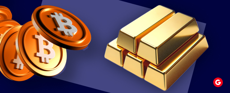 Digital illustration comparing Bitcoin and gold as investment assets, featuring shining Bitcoin coins beside stacked gold bars on a dark blue background, symbolizing cryptocurrency vs. traditional wealth and highlighting correlation trades between the two markets.