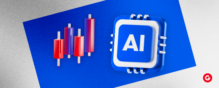 AI technology analyzing forex trading candlestick charts with red and blue bars representing market trends and automated trading strategies
