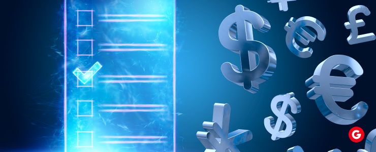 Digital illustration showing glowing checklist and floating currency symbols, representing forex markets, global currencies, and correlation trades.