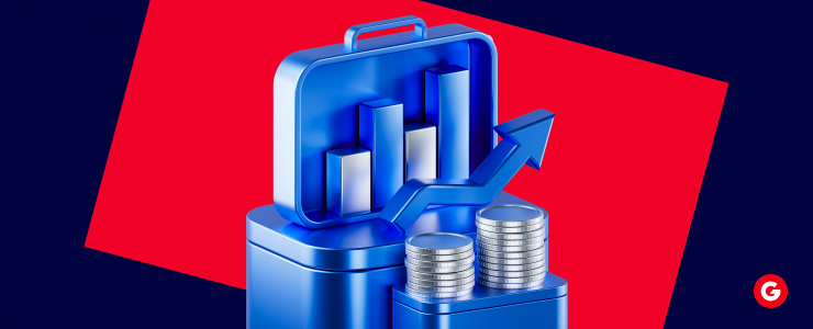 3D illustration of forex trading growth showing rising bar chart, upward arrow, and stacked coins representing smart order routing efficiency.