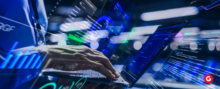 Trader using a laptop with digital financial charts and data overlays, symbolizing sustainable forex market trading and ESG-based currency CFDs.