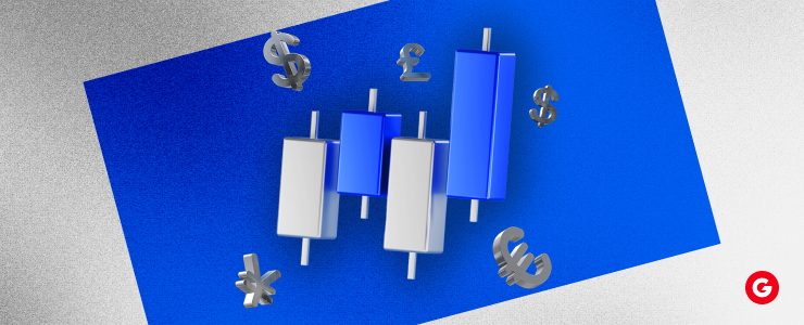3D forex candlestick chart with currency symbols representing FX minor pairs on a blue background.