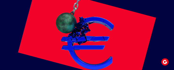 A blue euro sign with a chain around it, illustrating the financial struggles within the Eurozone during the debt crisis.